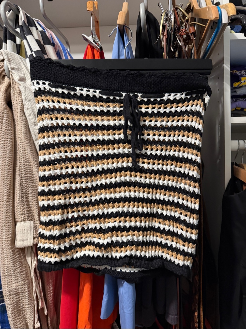 REVOLVE Crochet Stripe Crop Top in Black, White & Tan